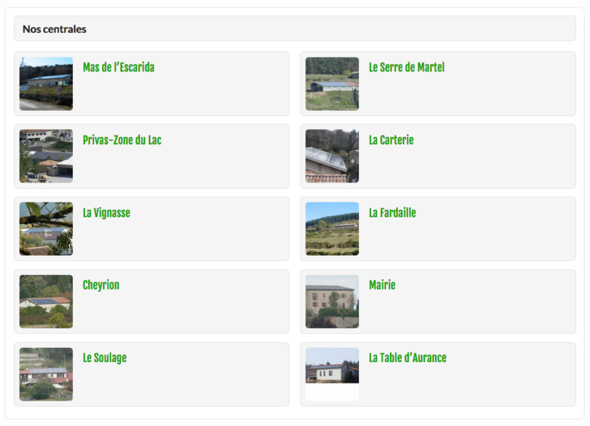 Capture d'écran : liste des centrales d'Aurance Énergies en mars 2018