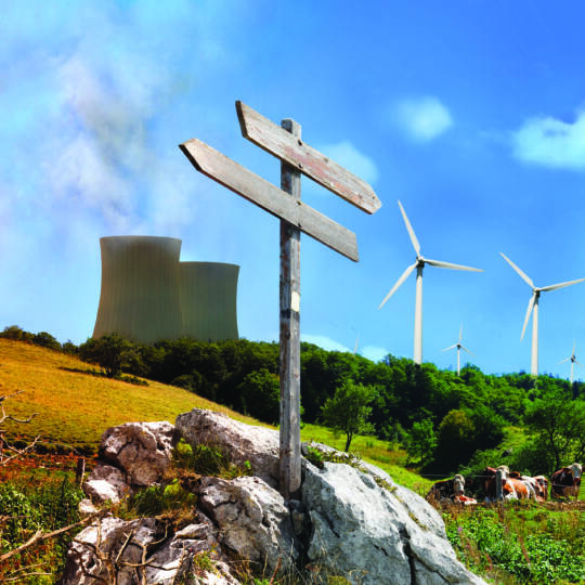 Power plant renewable vs factories classic with sign