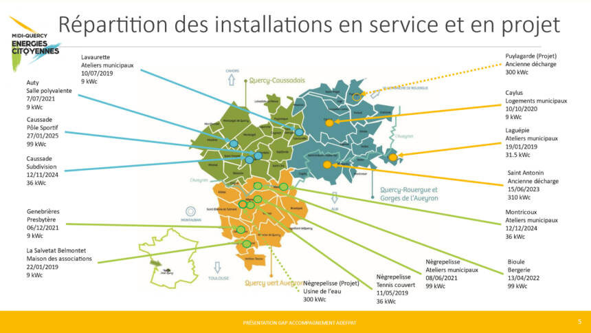 Carte des installations mises en service par Midi-Quercy Énergies Citoyennes