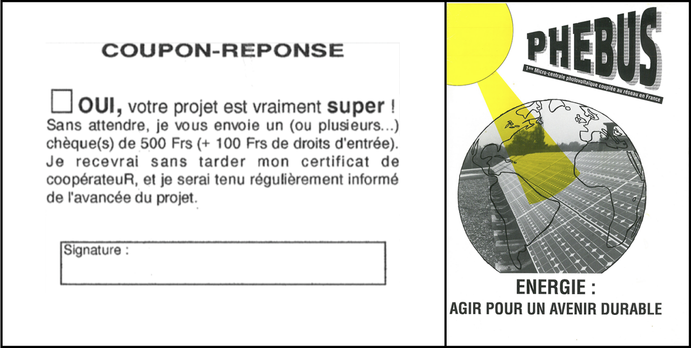 On a retrouvé le bulletin de souscription et la brochure de la centrale solaire Phébus 1 (merci Hespul !)