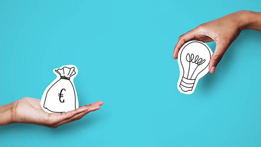 Hands with dollar sign bag and white light bulb