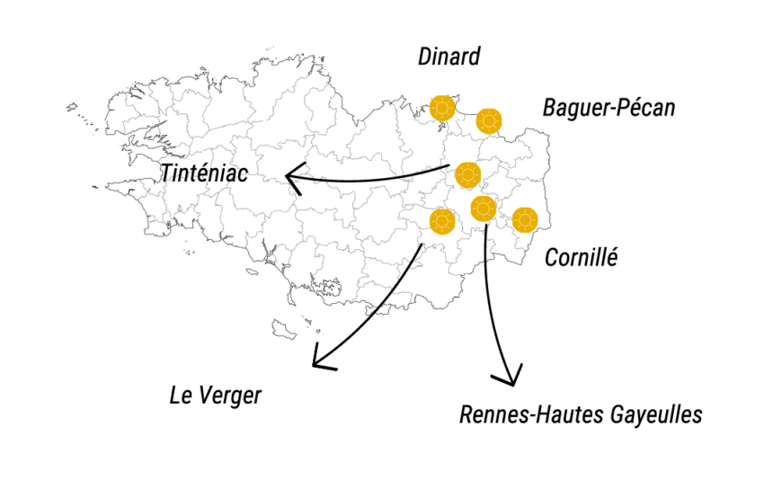 Carte de Bretagne montrant l’emplacement des six sites retenus, répartis sur le quart Est de la région.