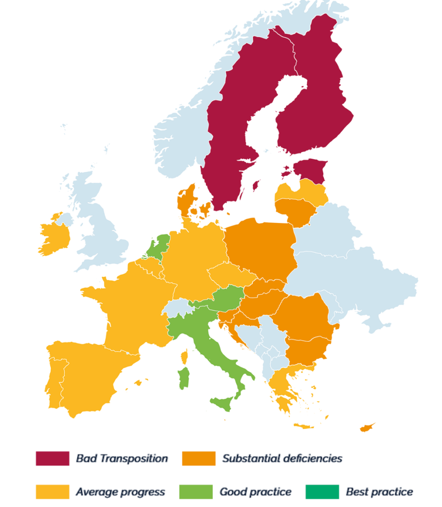 Une carte de l’Europe illustre les progrès de la transposition avec des codes couleur pour plus de clarté : le rouge pour les mauvaises transpositions, l’orange pour les déficiences importantes, le jaune pour les progrès moyens, le vert pour les bonnes pratiques et le bleu pour les meilleures pratiques.