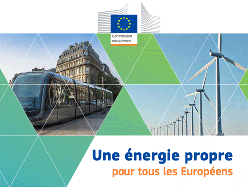 Une affiche de la Commission européenne présente un tramway et des éoliennes, aux côtés du texte 
