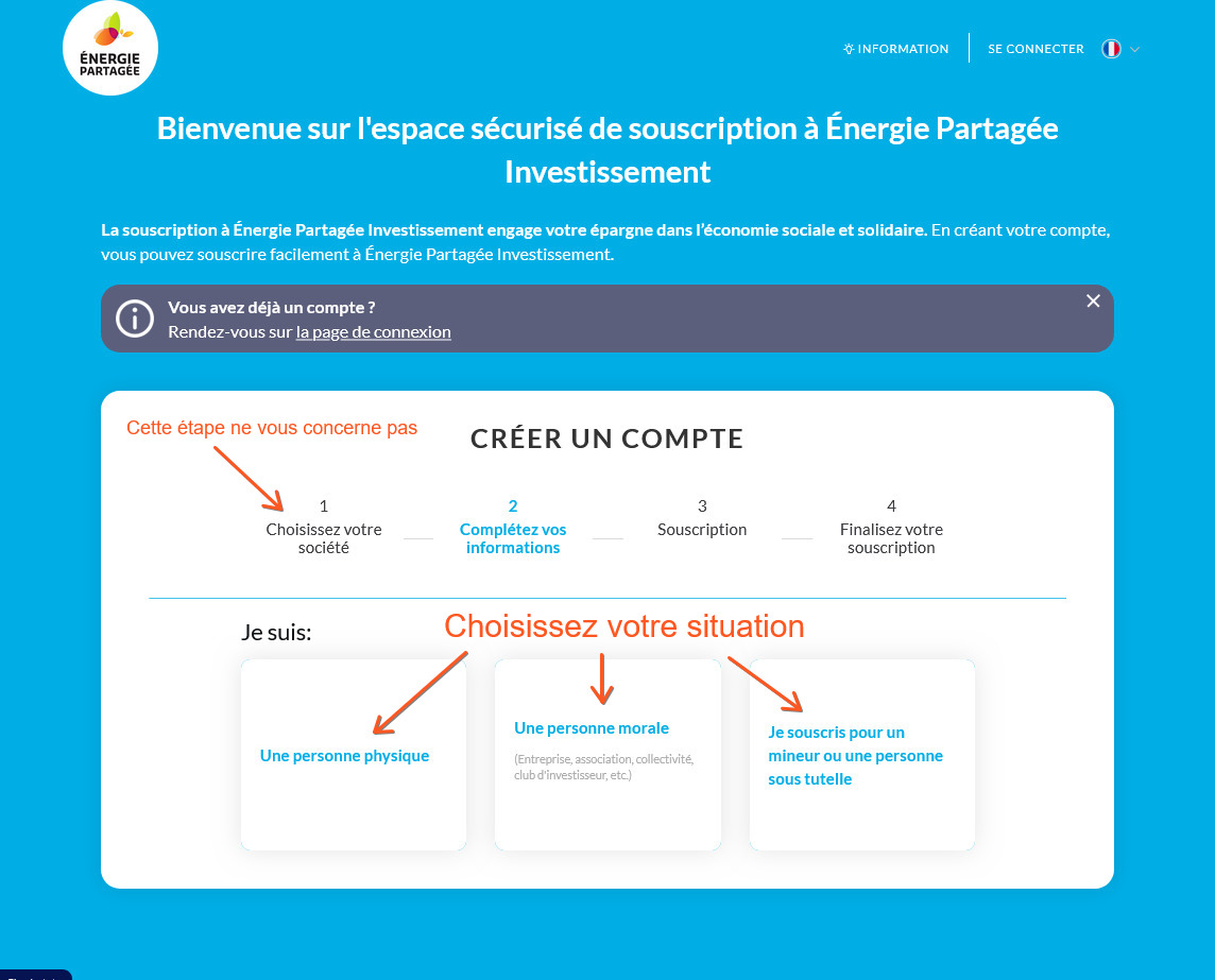 Souscription étape 1 :  créer votre compte (capture écran)