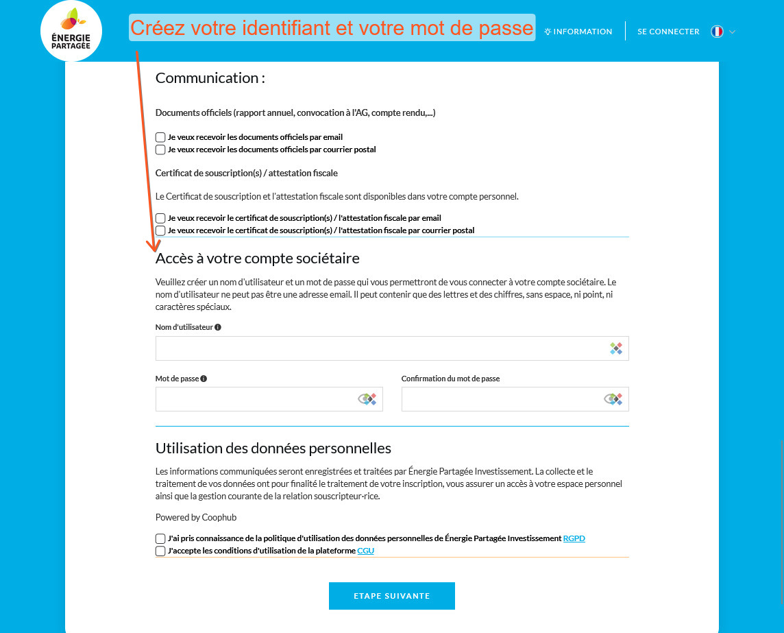 Souscription étape 2bis : créez votre identifiant et votre mot de passe (capture écran)
