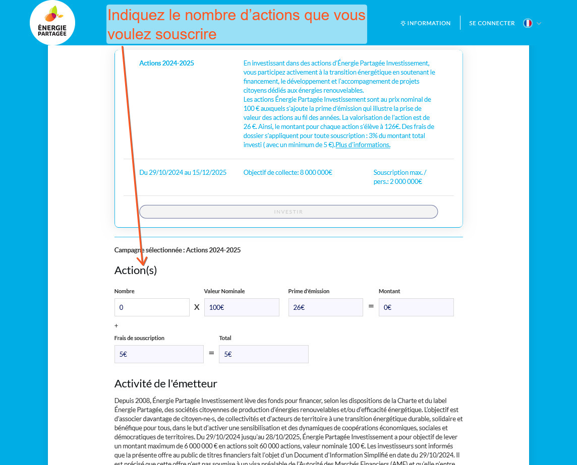 Souscription étape 3 : indiquez le nombre d’actions que vous voulez souscrire (capture écran)