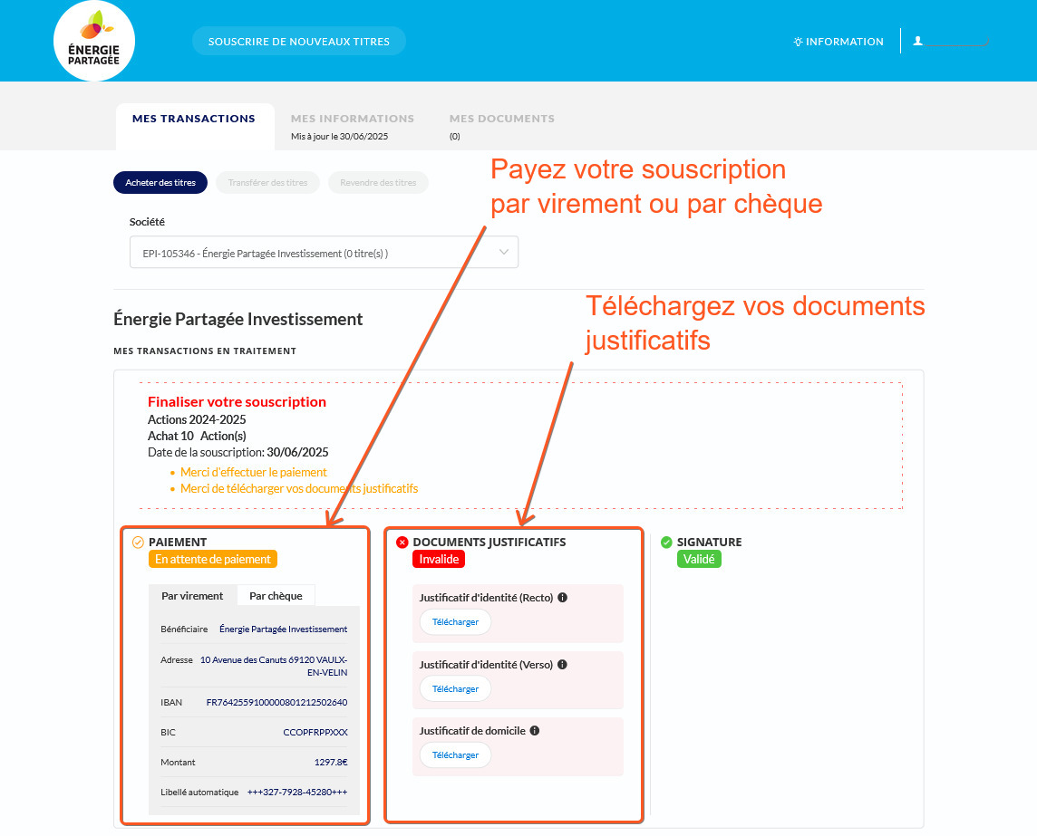 Souscription étape 6 : payez vos actions et téléchargez vos justificatifs (capture écran)