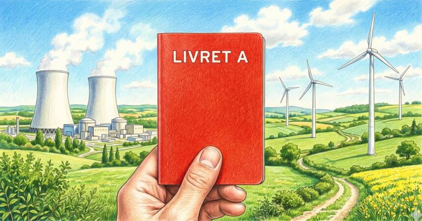 Une main tient un Livret A entre une centrale nucléaire et un parc éolien.